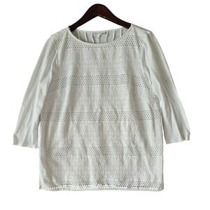 J. Jill White Eyelet Lace Trim 3/4 Sleeve Top Blouse Cotton Blend Women's Medium